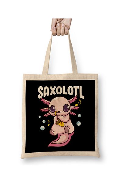 Baskı Dükkanı Χαριτωμένο και αστείο Saxolotl Αξιολάτρευτο σαξόφωνο που παίζει Axolotl υφασμάτινη τσάντα με μακριά λαβή