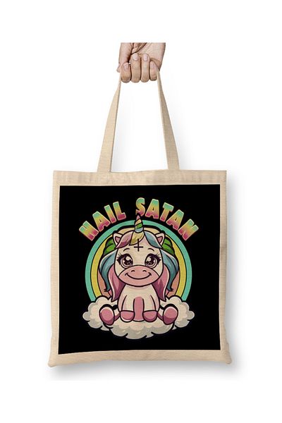 Baskı Dükkanı Hail Satan Unicorn Rainbow Heavy Metal Satanic Pun Geantă din pânză cu mâner lung