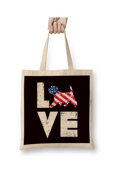 Baskı Dükkanı Love West Highland Terrier Westie US American Flag Dog Breed Geantă din pânză cu mâner lung