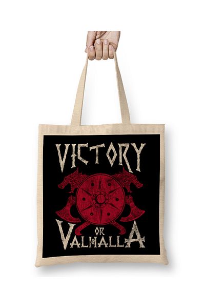 Baskı Dükkanı Victory Or Valhalla Norse Mythology Warrior Viking υφασμάτινη τσάντα με μακριά λαβή