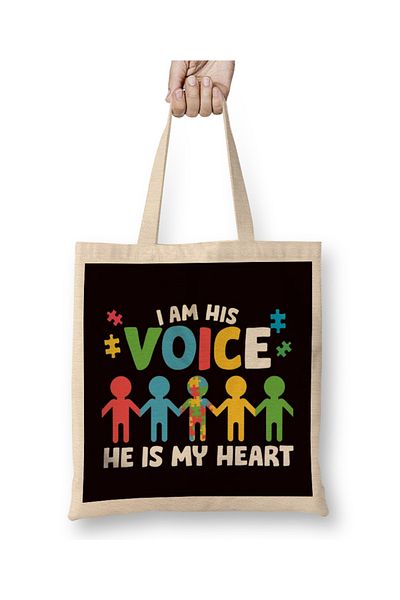 Baskı Dükkanı Autism Voice Heart Puzzle Ribbon Sprijină Conștientizarea autistă Geantă din pânză Mâner lung