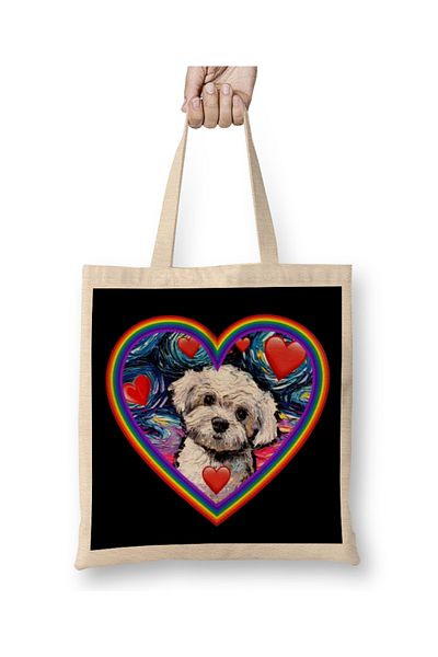 Baskı Dükkanı Maltipoo σε υφασμάτινη τσάντα Rainbow Heart με μακριά λαβή
