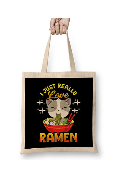 Baskı Dükkanı Χαριτωμένο και αστείο I Just Really Love Ramen Anime Cat υφασμάτινη τσάντα με μακριά λαβή