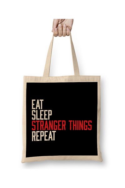 Baskı Dükkanı Eat Sleep Stranger Things Repeat υφασμάτινη τσάντα με μακριά λαβή