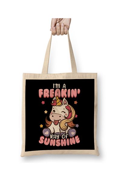Baskı Dükkanı I m A Freakin Ray of Sunshine Unicorn Rainbow υφασμάτινη τσάντα με μακριά λαβή