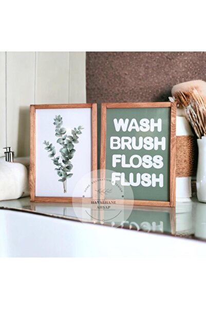 HAYALHANE AHŞAP Banyo Tablosu Okaliptüs Wash Brush Floss Flush Yeşil Ahşap Çe...