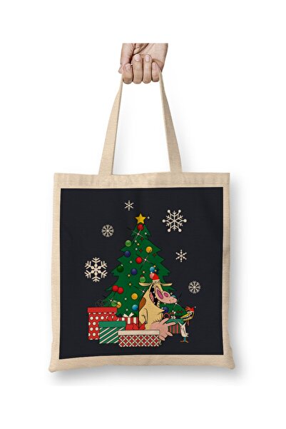Baskı Dükkanı Krava i piletina oko božićnog drvca, tkanina Torba duga Sa ručkom