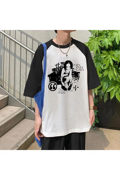 Touz Pain And Gain Printed - Tricou alb cu mâneci raglan oversize