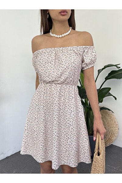 Fav Style Γυναικείο κοντό φόρεμα με λαιμόκοψη και μανίκια με φλοράλ στάμπα σε μπεζ