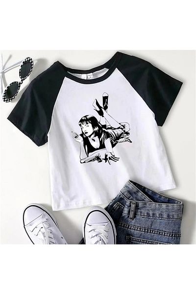 Touz Y2k Pulp Fiction Printed Raglan Sleeve White Crop