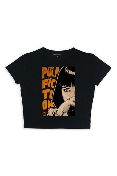 Touz Pulp Fiction Printed Black Magnaqia Crop Top
