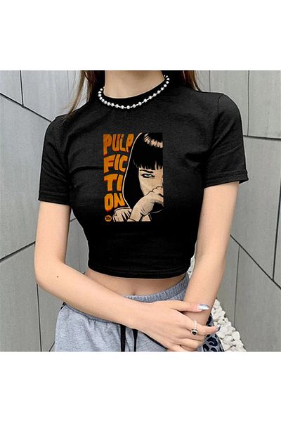 Touz Pulp Fiction Printed Black Magnaqia Crop Top