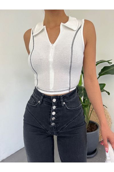 Fav Style Γυναικεία μπλούζα με φερμουάρ Polo λαιμόκοψη αμάνικη πλάτη ραφή Λεπτομερής Crop Μπλούζα Λευκή