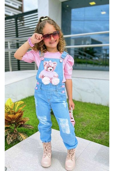 Starqızpaltarı Girl's overalls with denim overalls and teddy bear embroidery and blouse