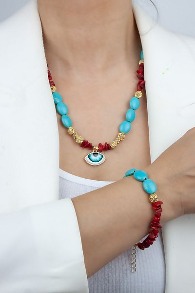 Liveyn Design Turquoise and Coral Natural Stone Necklace Bracelet Set