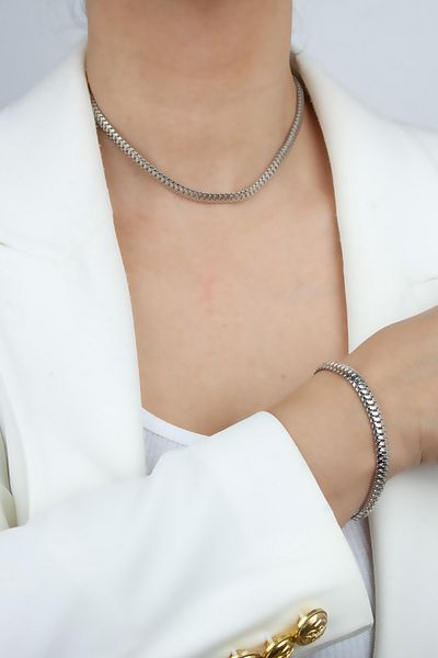 Liveyn Design Scrunch Chain Silver Color Choker Necklace Bracelet Set