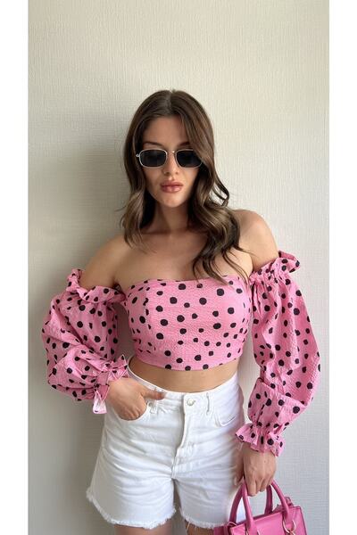 Julidress Bluză Crop Premium Seersucker Roz cu Buline - Cu mânecă lungă cu balon, căptușită