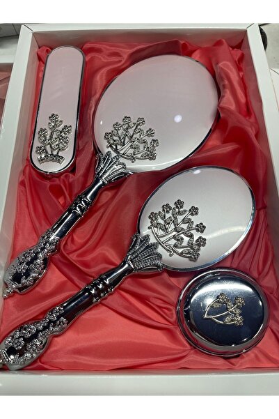 Turan Camomile 4lü beyaz gri gümüş klasik ayna tarak takımı çeyiz seti