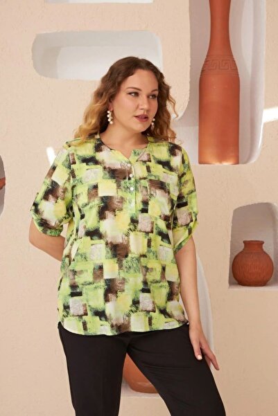RMG Desenli Büyük Beden Yeşil Bluz