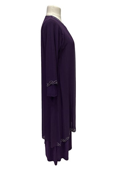 Giyinen Mağazaları Mürdüm Saadet Şık Taş Işlemeli Büyük Beden Anne Abiye Elbise