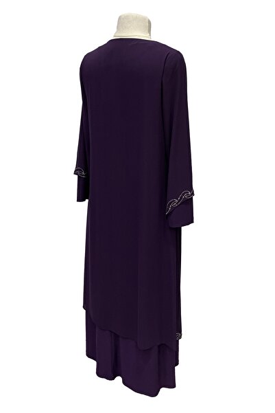 Giyinen Mağazaları Mürdüm Saadet Şık Taş Işlemeli Büyük Beden Anne Abiye Elbise