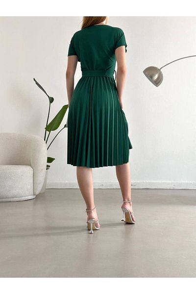 modakyra Fusta verde de damă, cu talie plisată, rochie din țesătură creponată