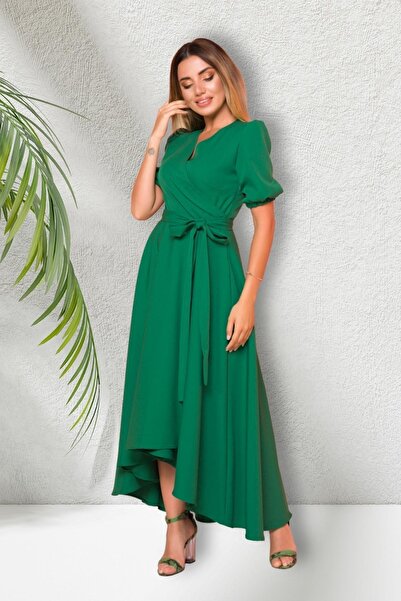 Bidoluelbise Kadın Asimetrik Kesim Kruvaze Yaka Kısa Kol Abiye Elbise