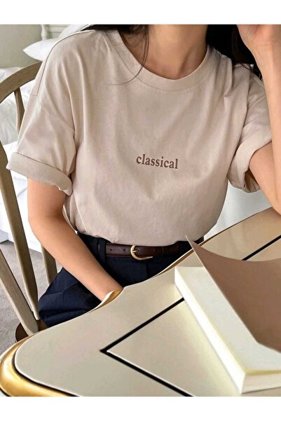 FAVORİST تي شيرت قطني كلاسيكي مطبوع برقبة دائرية