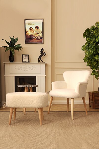 LOVİSSE HOME Teddy Berjer + Puf Set Tekli Koltuk Balkon, Ofis, Bekleme, Güzellik Merkezi, Çay Seti