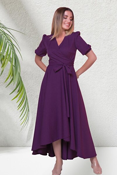 Bidoluelbise Kadın Asimetrik Kesim Kruvaze Yaka Kısa Kol Abiye Elbise