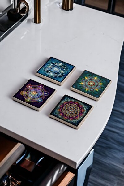 Baumatelier Sri Yantra, Yaşam Çiçeği, Metatron Doğal Taş Traverten Bardak Alt...