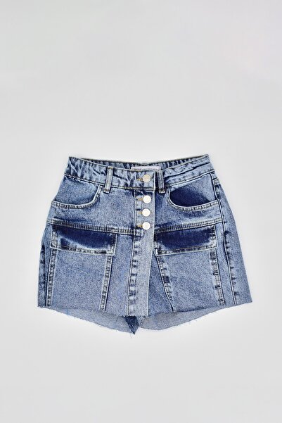 Pissos Düğme Ve Cep Detaylı Mavi Kot Şort Etek
