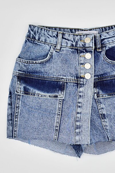 Pissos Düğme Ve Cep Detaylı Mavi Kot Şort Etek