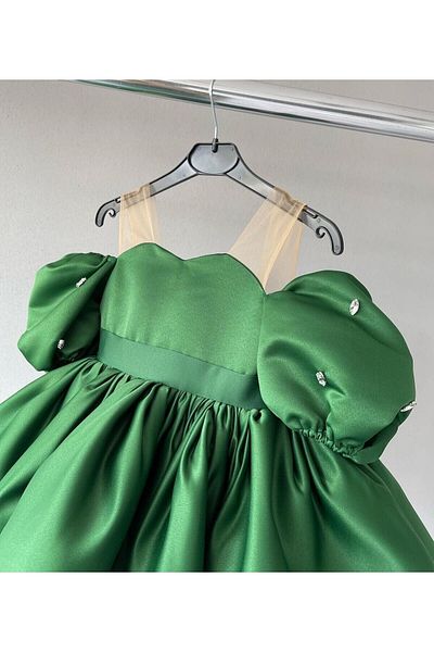 Wiolans Girl's Green Balloon Sleeve Jewelled Design Dress