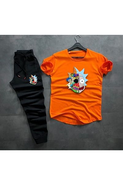 NewCabin Set de trening unisex cu croiala ovala slim fit Ricky si Morty cu imprimeu portocaliu de culoare neagra 2 piese