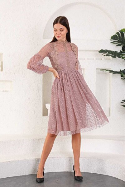 Elbise dünyasi Güpür Detaylı Uzun Kol Midi Elbise