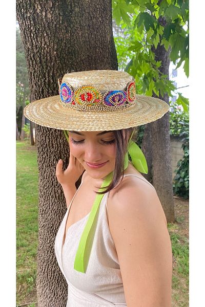laviyonsa Tie-in ethnic pattern ribbon weed straw hat