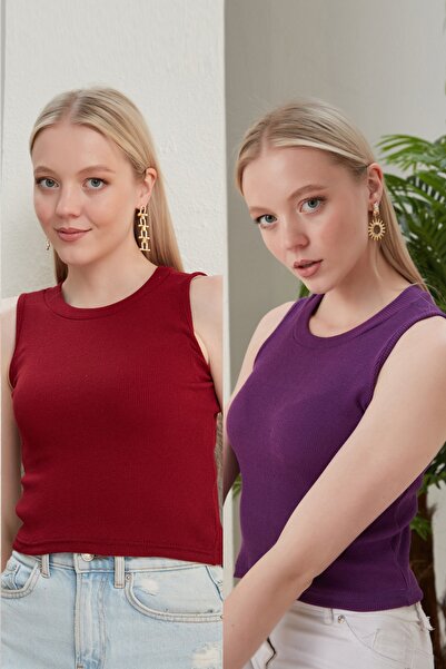 CATSPY Bluză scurtă din 2 piese pentru damă, mov bordeaux