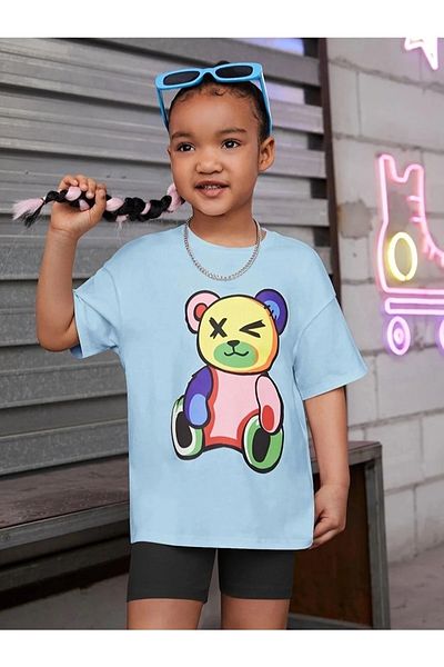 Machetta Tricou din bumbac cu decolteu rotund, cu imprimeu cu ursuleț de pluș colorat pentru fete