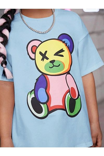 Machetta Tricou din bumbac cu decolteu rotund, cu imprimeu cu ursuleț de pluș colorat pentru fete