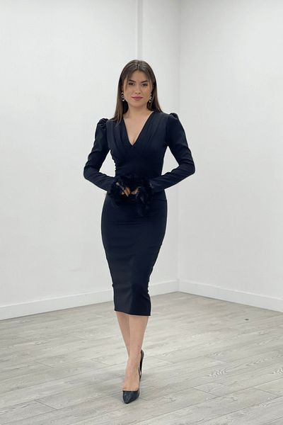 giyimmasalı Double Fabric V Neck Sleeves Feather Detail Pencil Evening Dress - Black