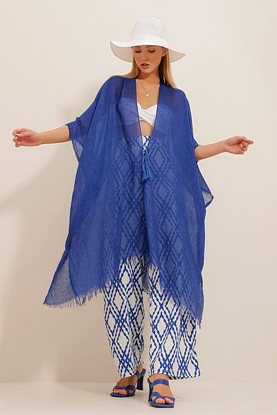 Trend Alaçatı Stili Damskie kimono Saks z frędzlami ALC-X10523