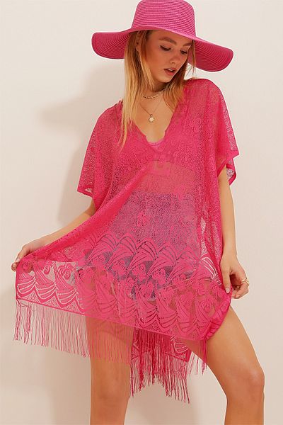 Trend Alaçatı Stili Fuchsiafarbener Spitzen-Kimono mit Quasten für Damen ALC-X10522