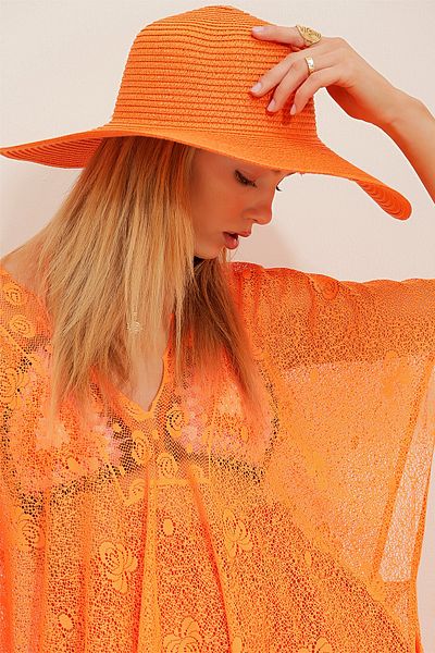Trend Alaçatı Stili Breiter Strohhut für Damen in Orange ALC-X10520