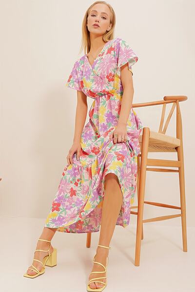 Trend Alaçatı Stili Női lila virágmintás duplasoros maxi ruha ALC-X4373