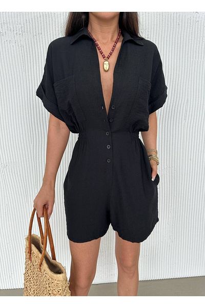 owwon Women's Black Linen Buttoned Drawstring Short Shorts Jumpsuit