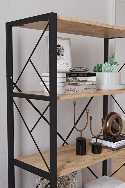 Tedarikcenter 5 Raflı Geniş Kitaplık Dekoratif Metal Ayaklı Ofis Rafı Salon Mutfak Rafı 160x80 Çok Amaçlı Raf