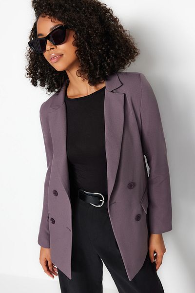 Trendyol Collection Dunkelgrauer, normal gefütterter, zweireihiger Blazer aus Webstoff mit Verschluss TWOAW21CE0264