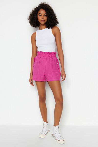 Trendyol Collection Růžové tkané šortky s elastickým pasem Twoss23Sr00327