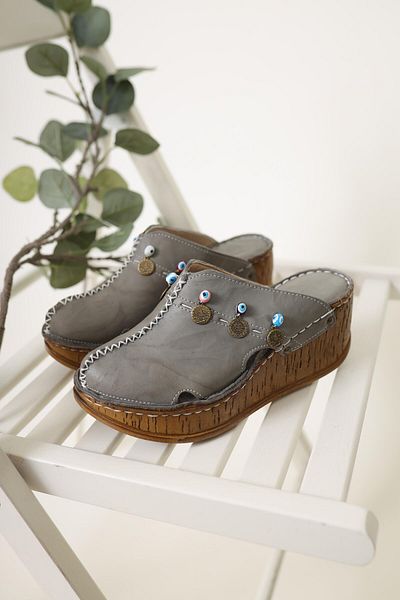 Limoya Genuine Leather Annika Gray Antique Detailed Wedge Sabo Women's Slippers